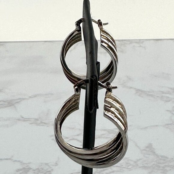 925 Silver Sculptural Hoops, Wave Design, 1" - Picture 3 of 8